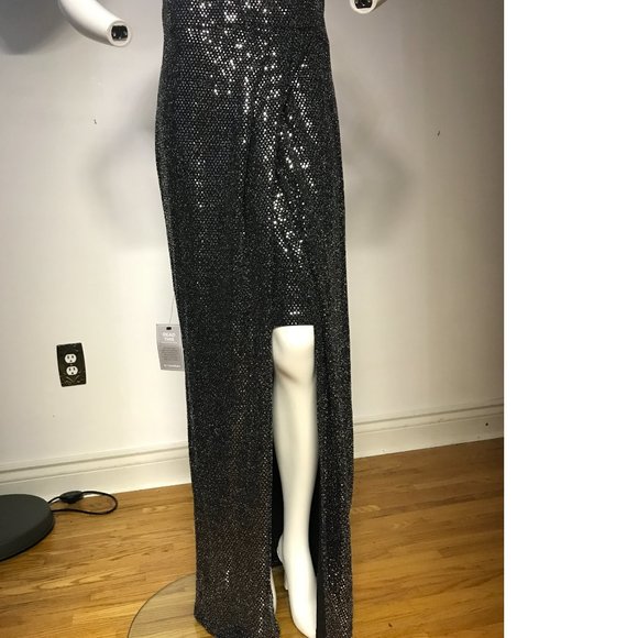 Le Chateau Black Silver Metallic Payette Maxi Gala Dress Gown  Wedding Slit NWT - Picture 9 of 9